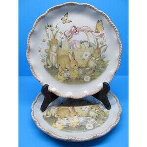Cracker Barrel Bunny Basket By Artist Susan Winget Set Of 2 Cute 8" Plates READ
